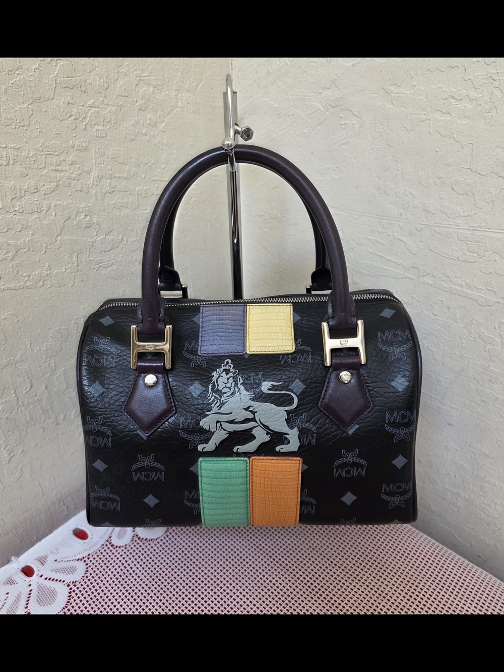 MCM Black Monogram Medium Boston Handbag Satchel AUTHENTIC